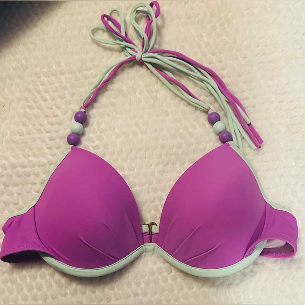 Victoria’s Secret Beaded Purple & Green Bikini Top Size 34B